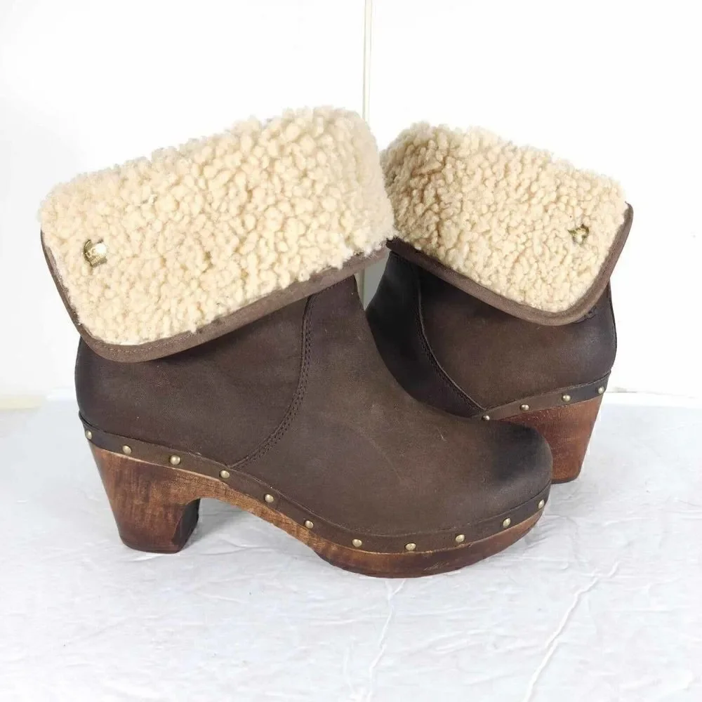 UGG Women's Lynnea US 7 Fold Over Leather Brown Shearling Cuff Clog Boot